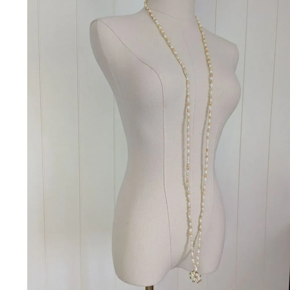 Extra long vintage mini conch shell necklace with shell pendant - 1970's